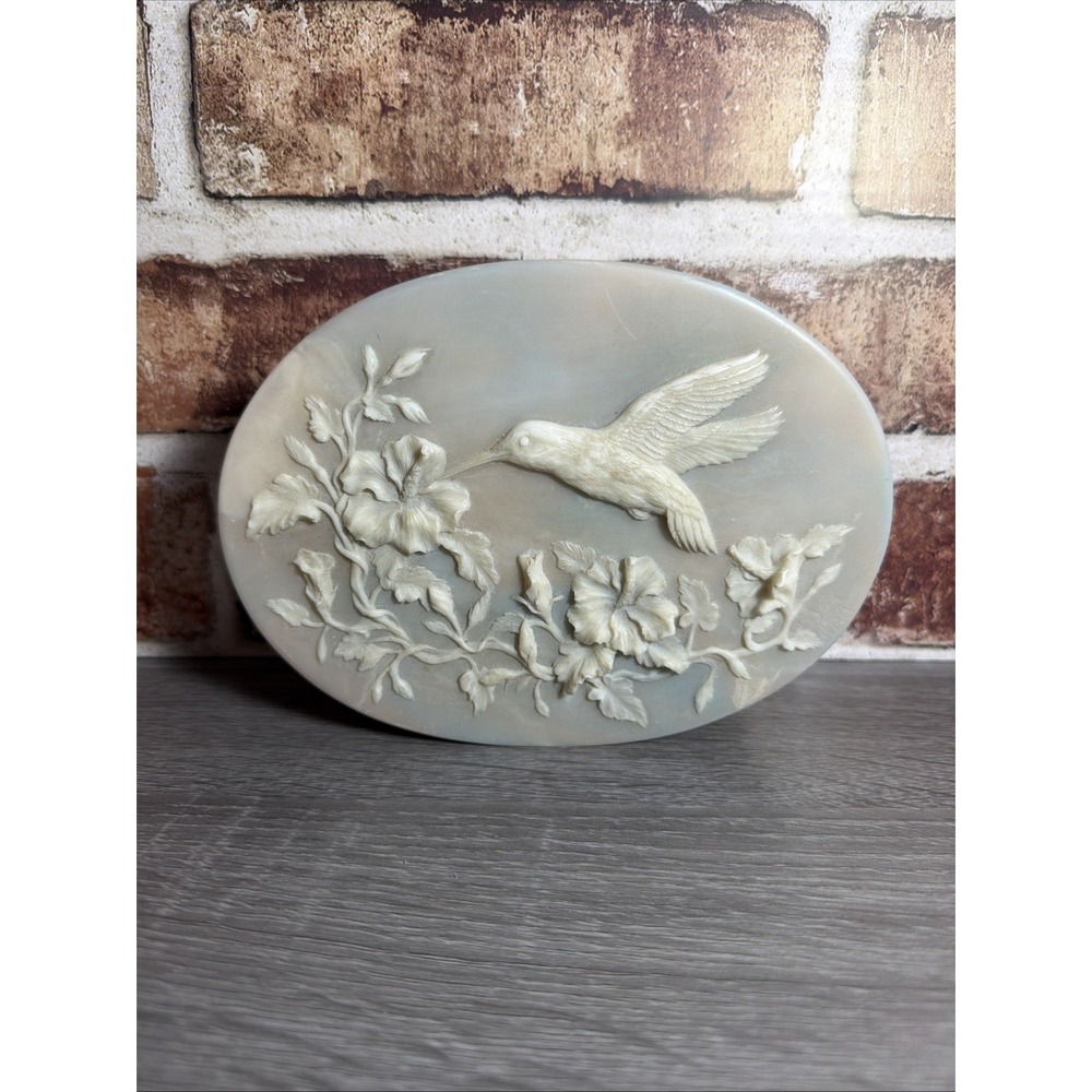 Vtg‎ Genuine Incolay Stone Oval Trinket Box Hummingbird Flowers Velvet Pink/Blue